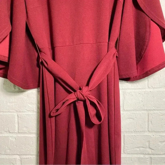 SHEIN Bodycon Dress Size Large Cape Sleeve Red Burgundy Cloth Waist Tie Date - Picture 11 of 12